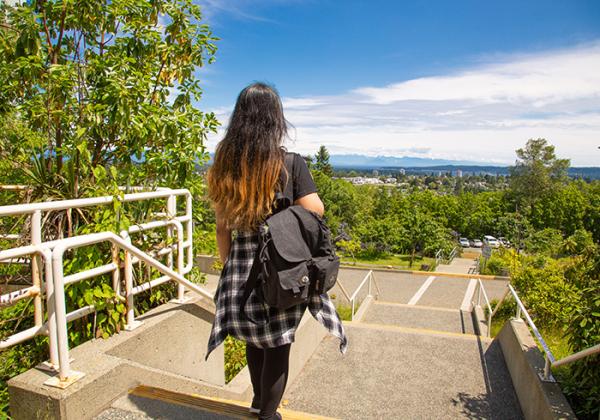 Person standing at the top of a staircase under a blue sky.