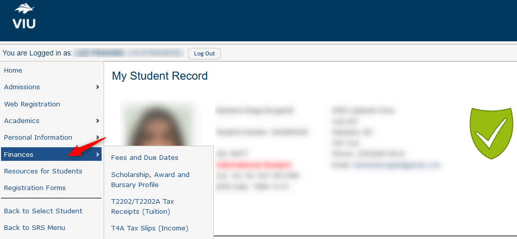 Student Record Finances Screen Shot